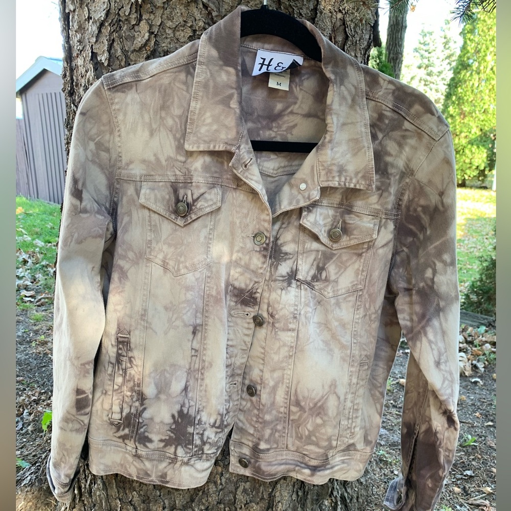 H&J Earth Tone Tie-Dye Camo Jean Jacket - Women’s Medium - Acid Wash Style